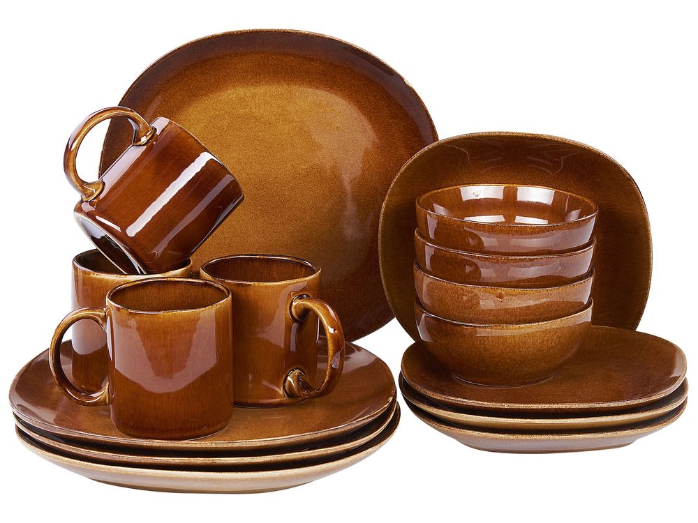 Set of 16 Stoneware Dinnerware Golden Brown TURMERIC Beliani