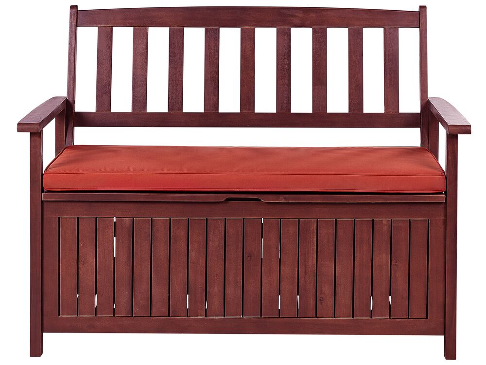 Acacia Wood Garden Bench with Storage 120 cm Mahogany Brown with Red Cushion SOVANA Beliani