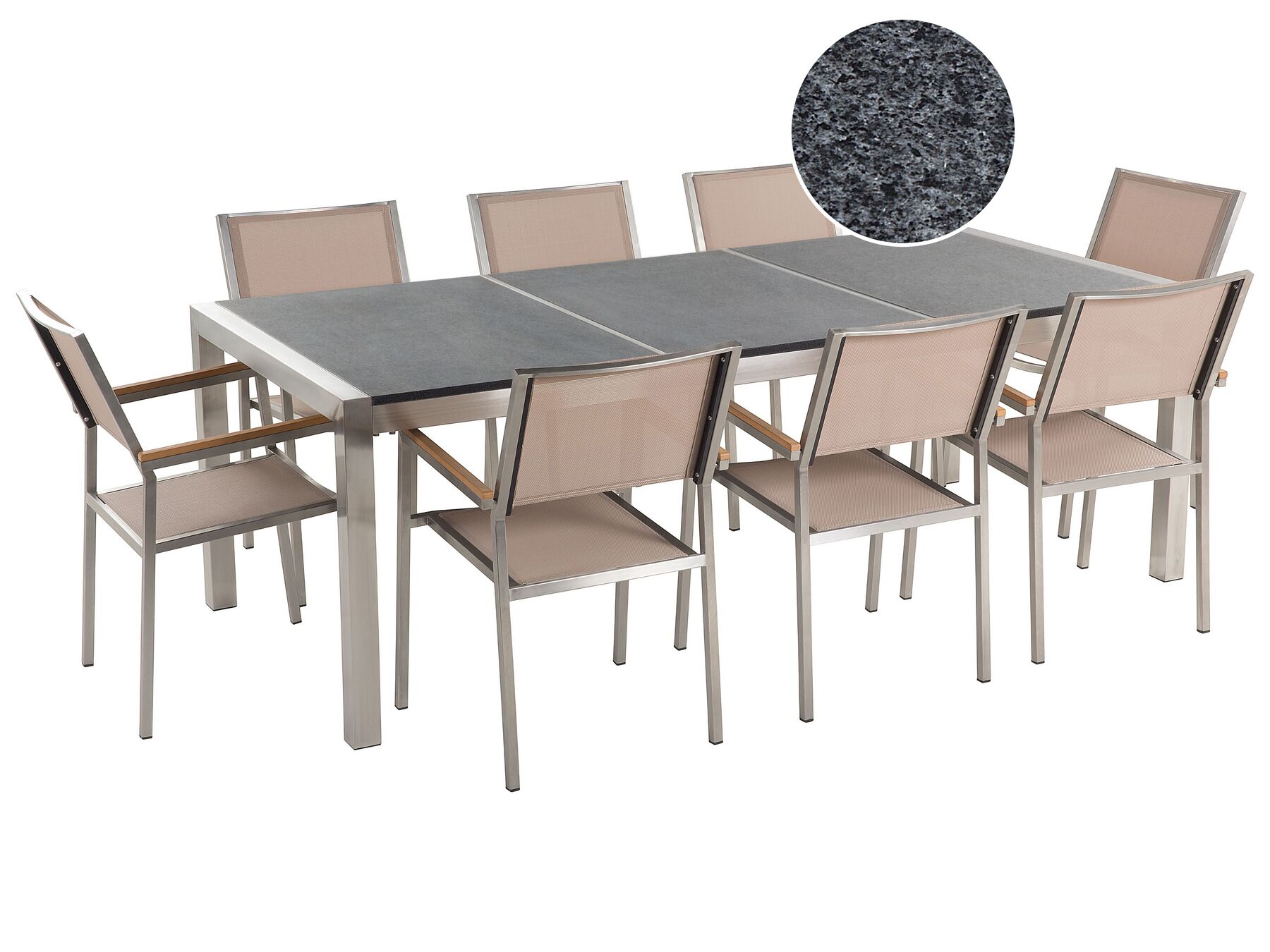 Nyolcszemélyes szürke gránit étkezőasztal bézs textilén székekkel GROSSETO_378033