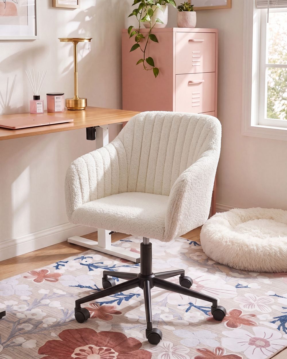 Chaise de bureau VENICE Bouclé Blanc cassé