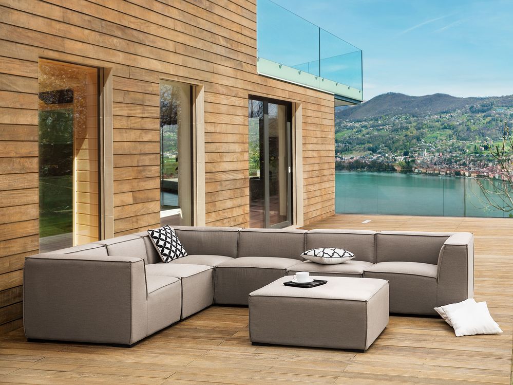 Outdoor Upholstered Sofa Lounge Set AREZZO Polyester Beige Right Hand 7 Seater Beliani