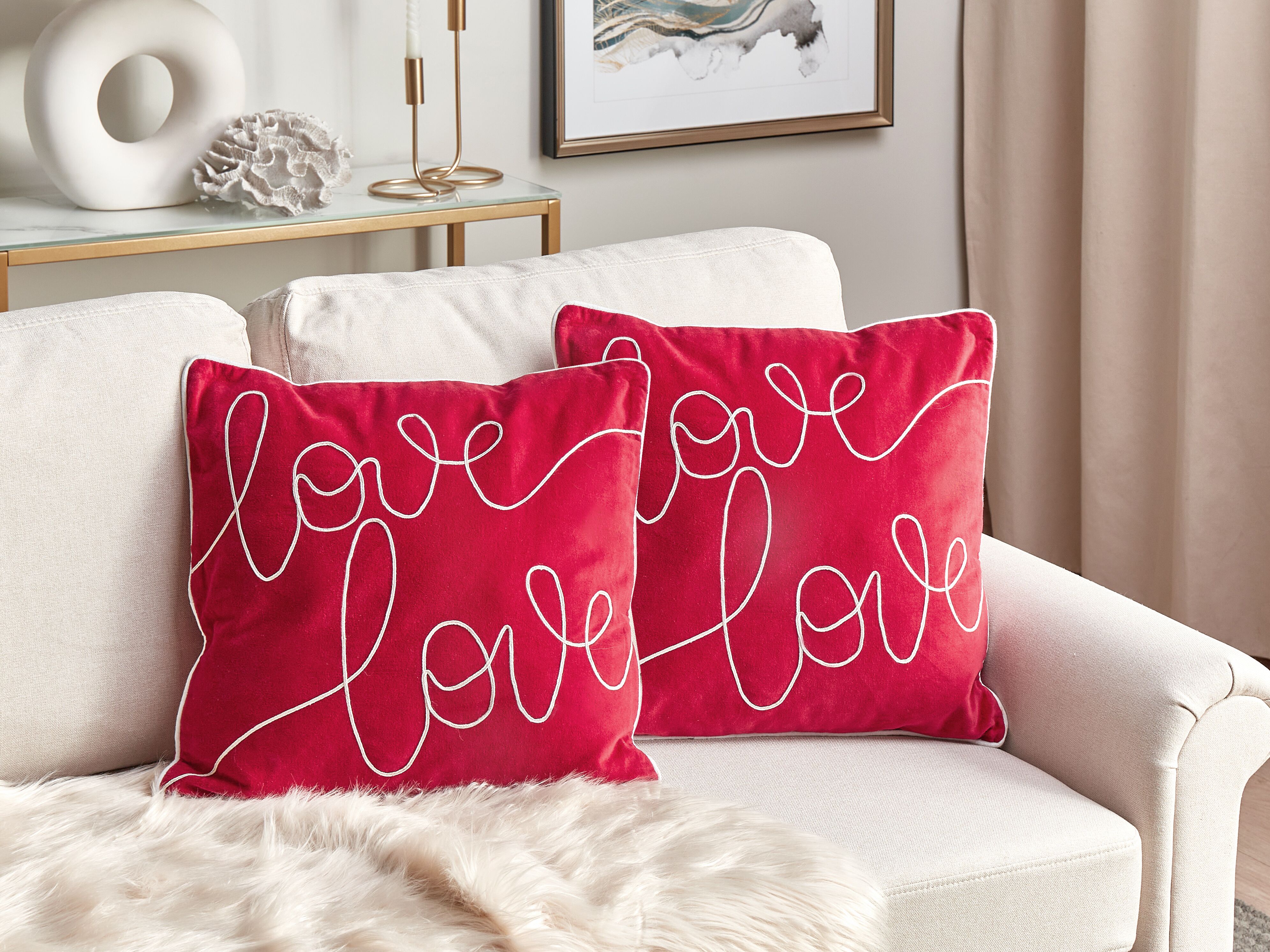 Conjunto de 2 cojines decorativos SIDERASIS 45 x 45 cm Terciopelo Rojo Texto_1182754