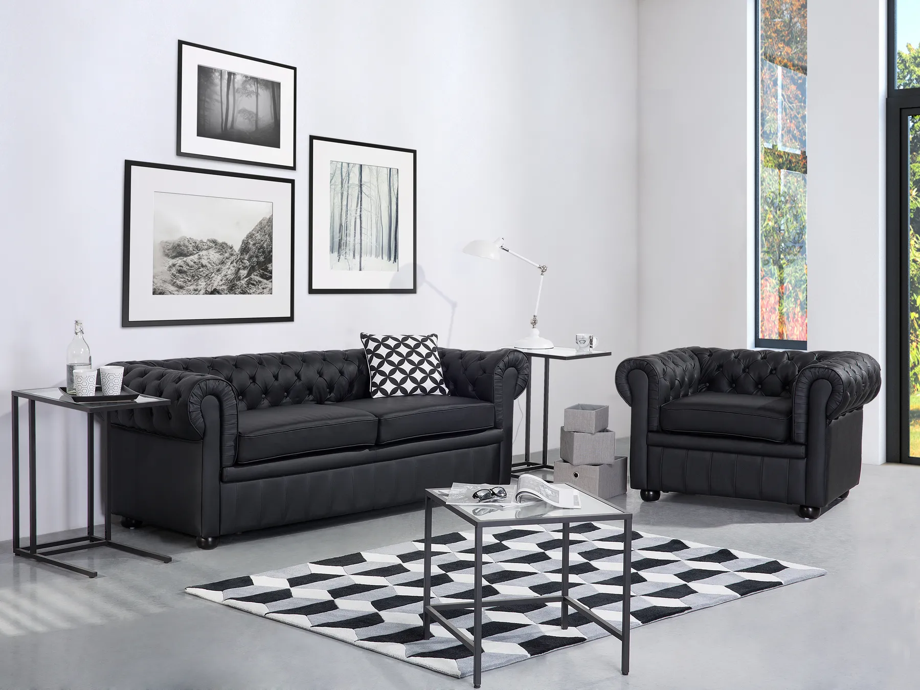 Living Room Set 4 Seater CHESTERFIELD Leather Black_769411