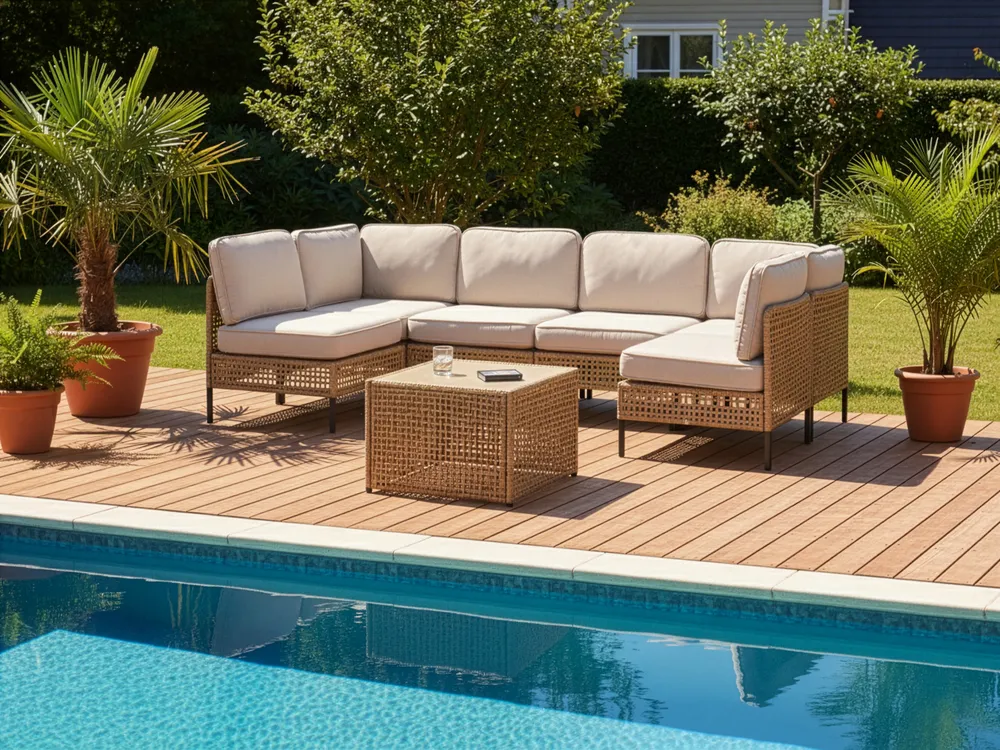 Sofa ogrodowa w kształcie U dla 6 osób OMEGANA Modułowy Technorattan Jasnobeżowy