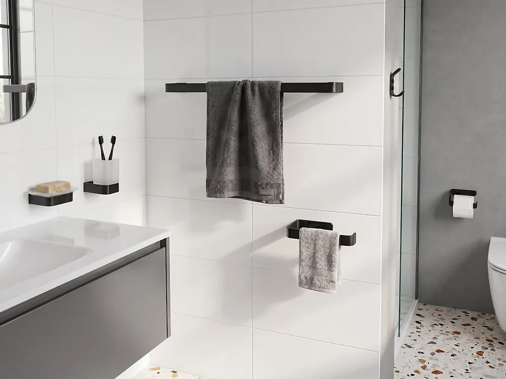 4-teiliges Badezimmer-Set Mattschwarz – Handtuchring, Stange, Toilettenpapierhalter & Haken