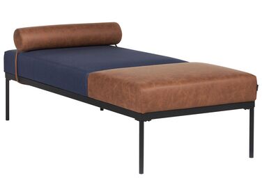 Chaise longue en lin synthétique et en similicuir bleu foncé et marron MALMOS