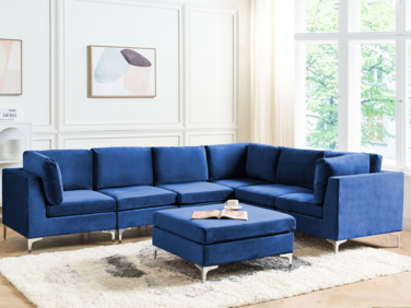 Left Hand 6 Seater Modular Velvet Corner Sofa with Ottoman Blue EVJA