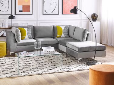 Left Hand 4 Seater Modular Velvet Corner Sofa with Ottoman Grey EVJA