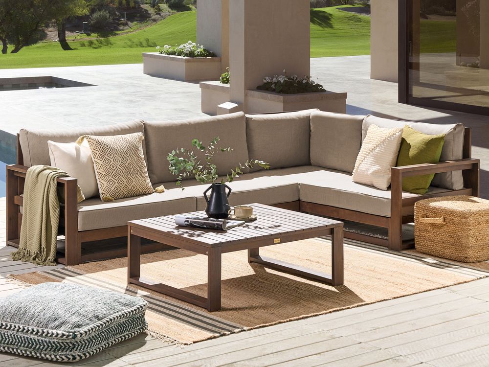 Garten Ecksofa mit Tisch 4-Sitzer TIMOR modular zertifiziertes Akazienholz Dunkelbraun linksseitig