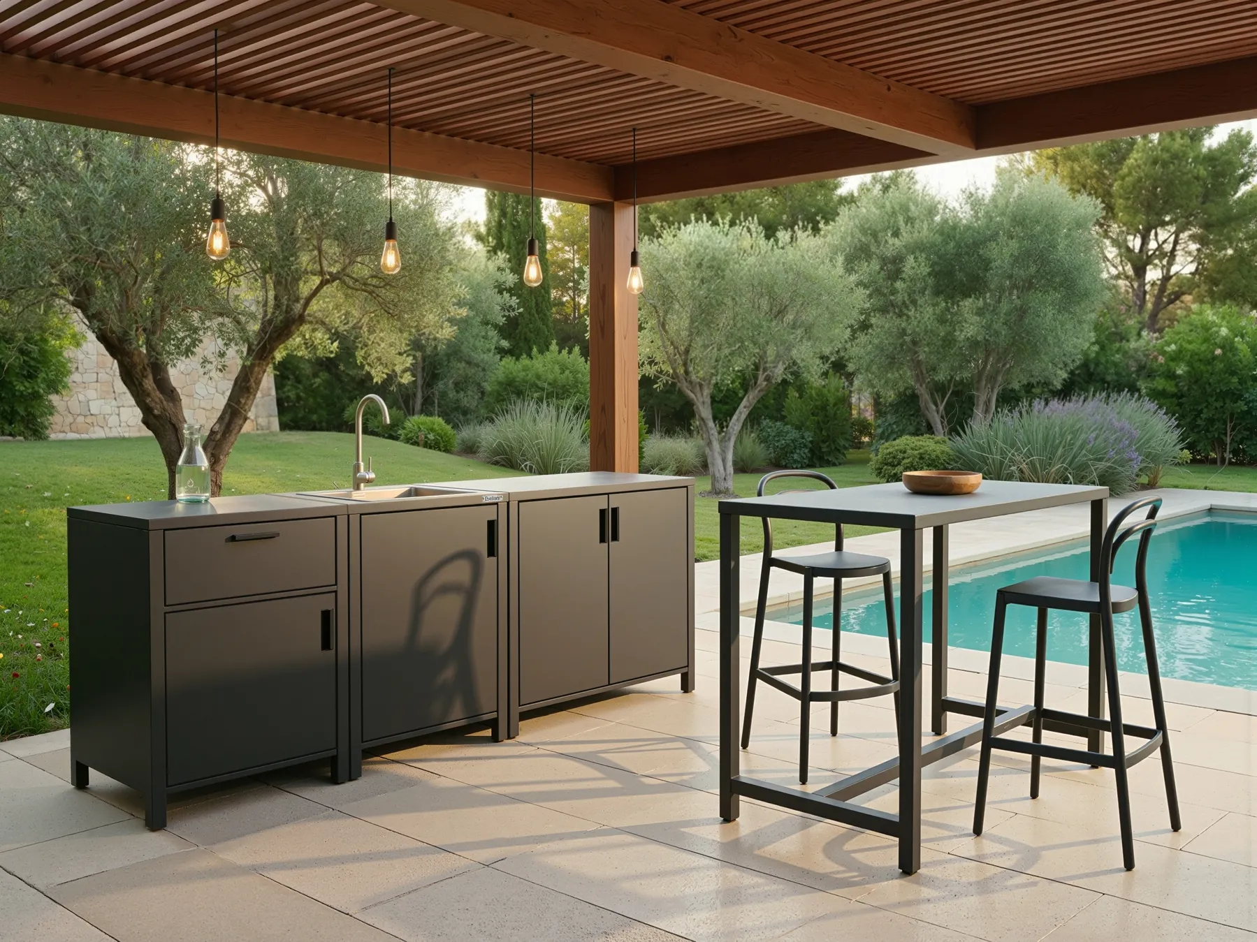 Outdoor Kitchen Set with Sink ROCHA Graphite Grey Metal_1054592