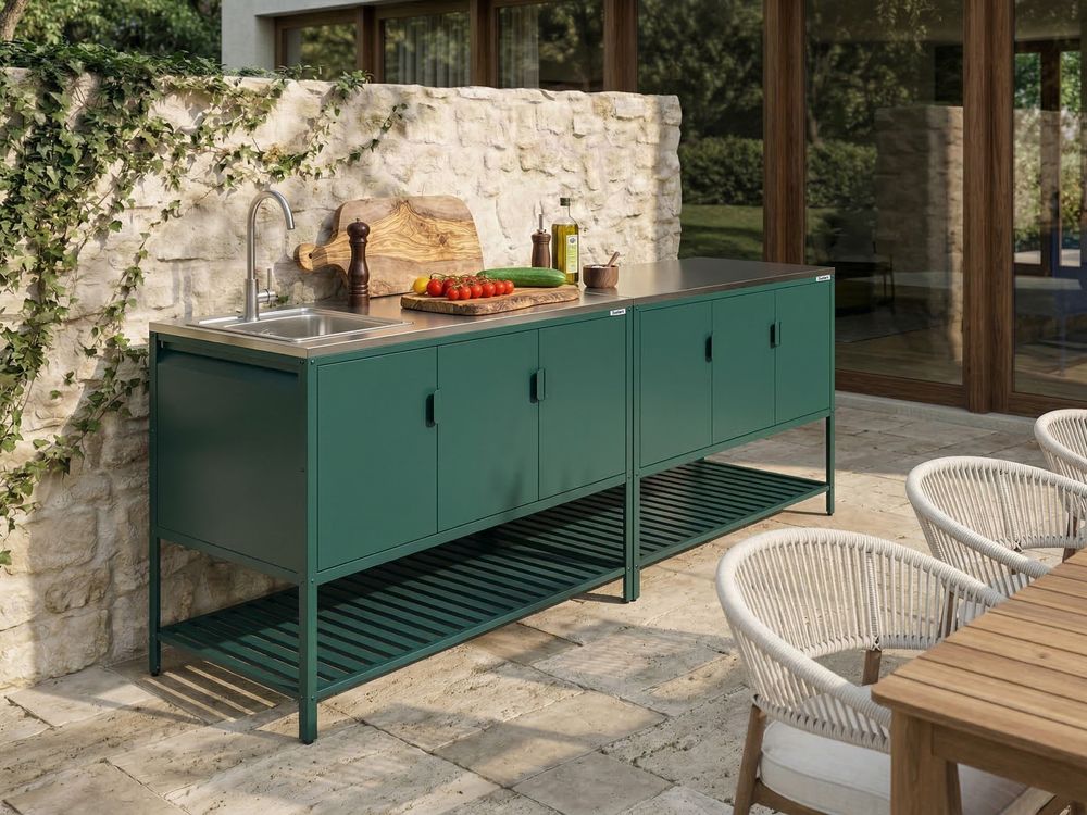 Conjunto de 2 muebles de cocina exterior con fregadero MAENZA Verde Metal