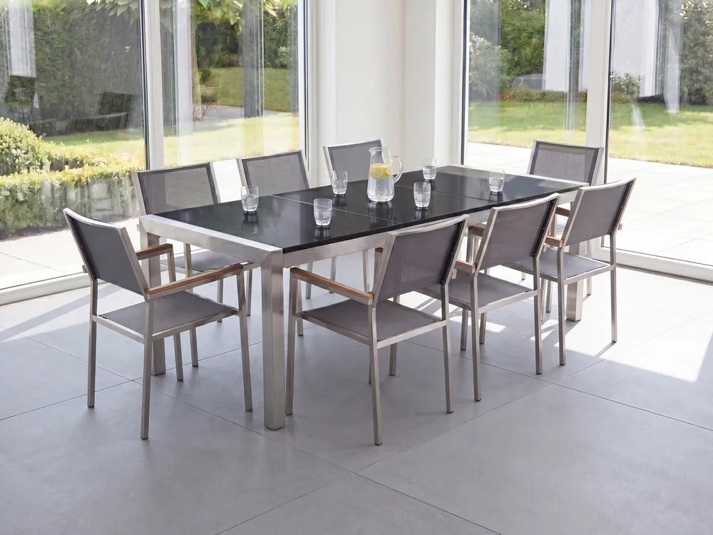Garden Dining Set 8 Seater GROSSETO Triple Plate Granite Polished Black/ Grey_766686