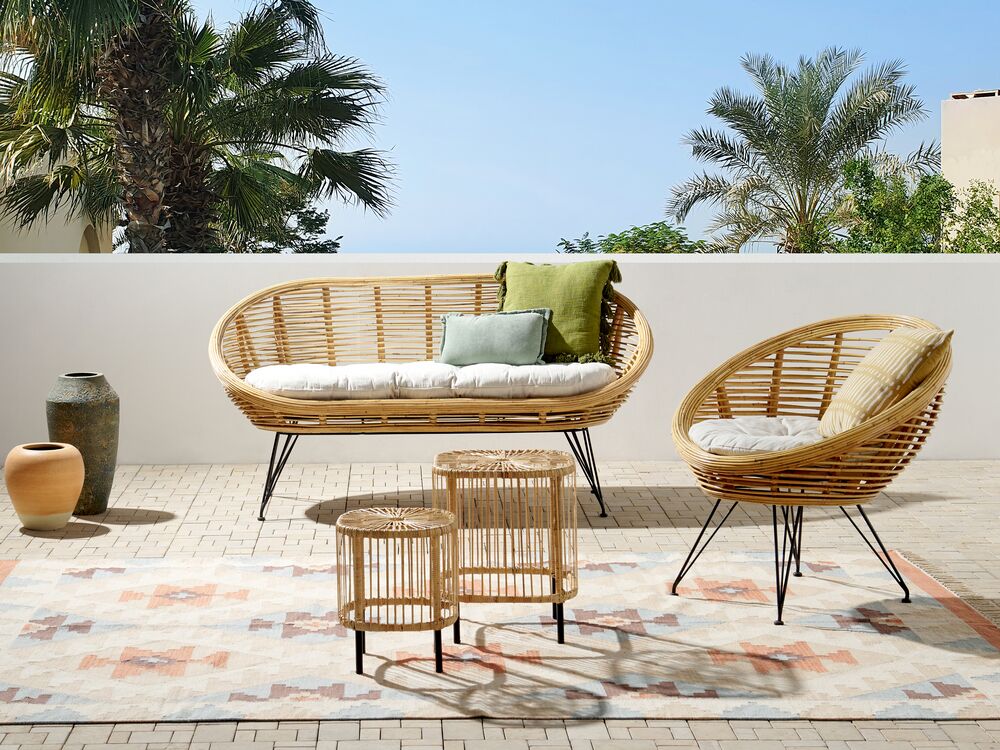 3 Seater Rattan Sofa Set with Side Tables Natural MARATEA CESENATICO Beliani