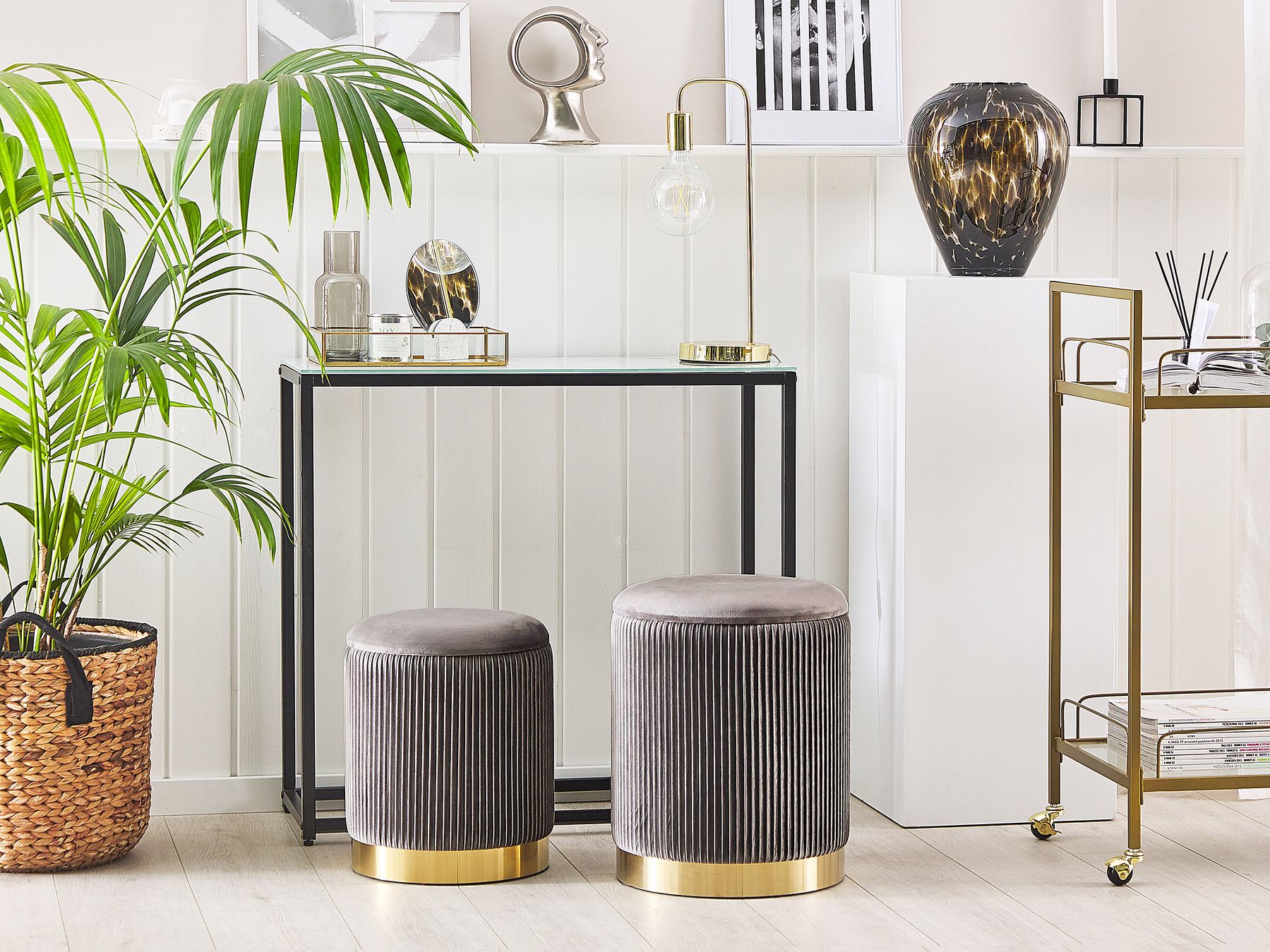 Zestaw 2 welurowych pufów ze schowkiem szary MIRAMAR_772659