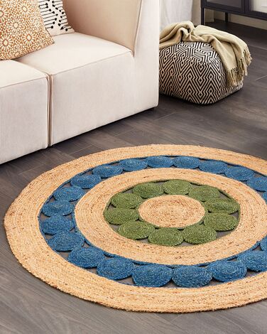 Round Jute Area Rug ⌀ 140 cm Blue and Green HOVIT