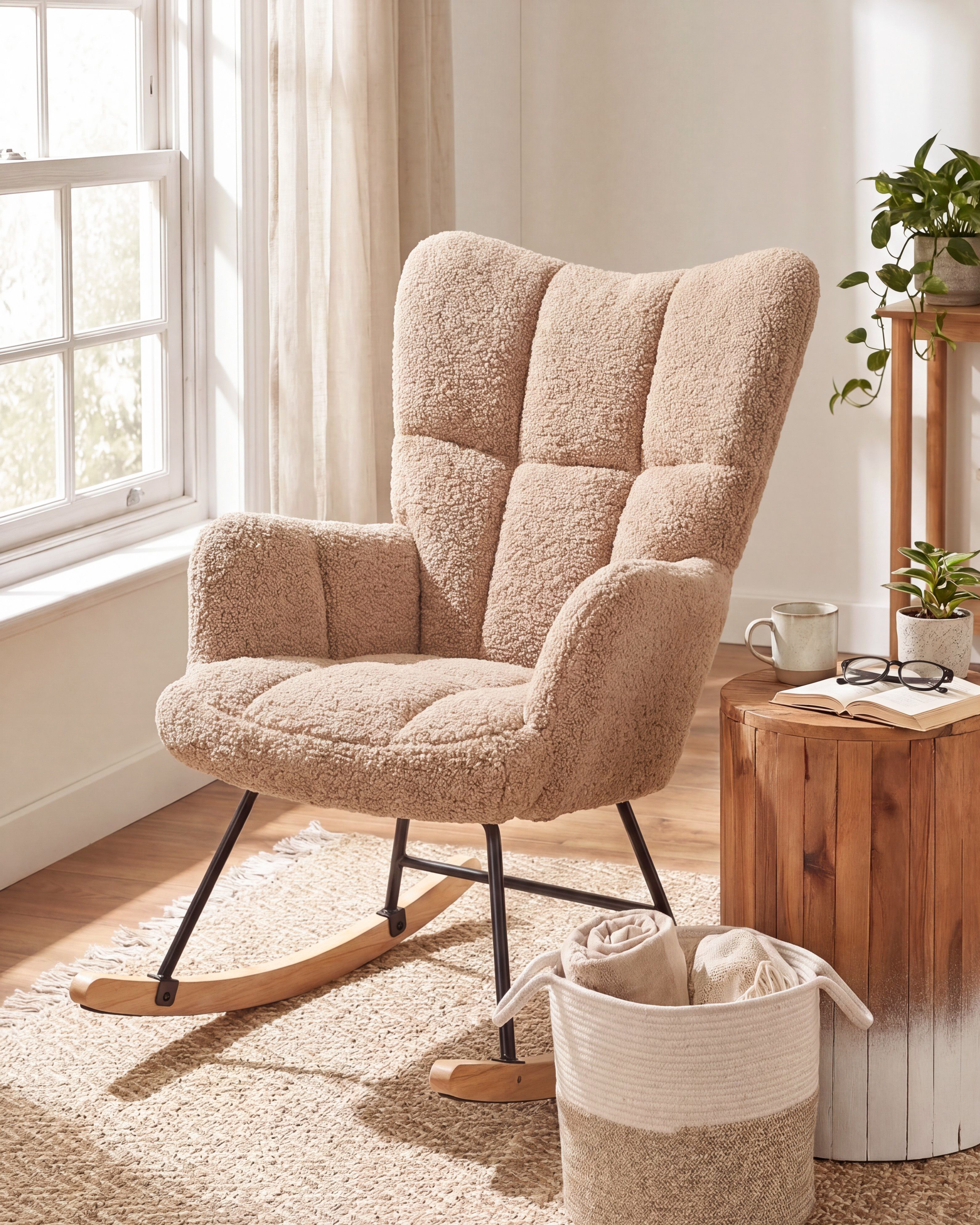 Pink Boucle Rocker Rocking Chair OULU Boucle Sand Beige | Beliani.co.uk