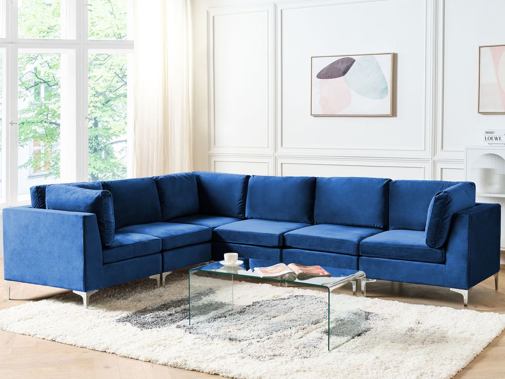 Right Hand 6 Seater Modular Velvet Corner Sofa Blue EVJA Beliani