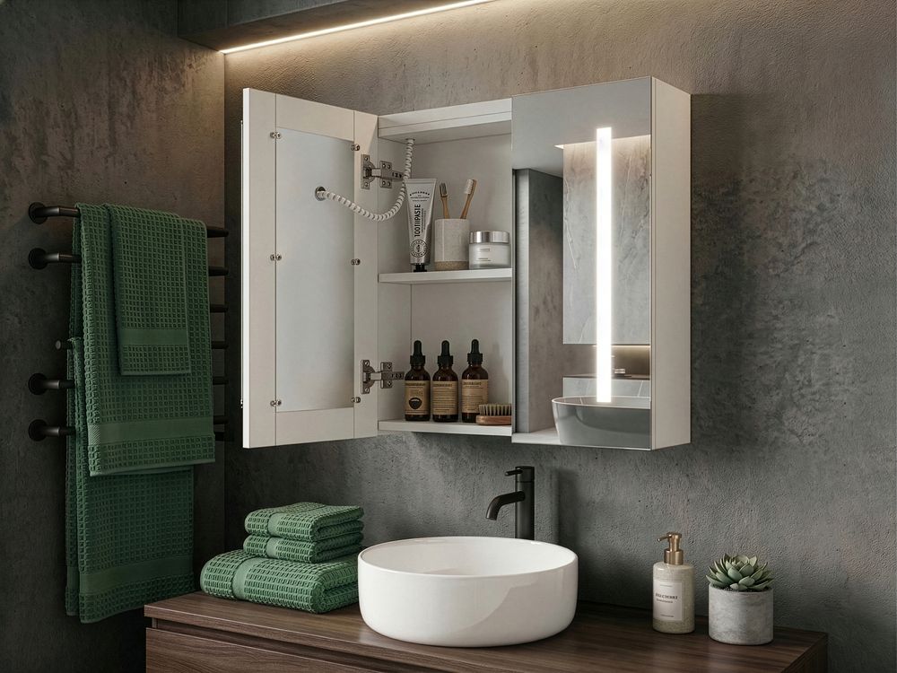 Bathroom Wall Mounted Mirror Cabinet LED CHABUNCO 60 cm 60 cm White