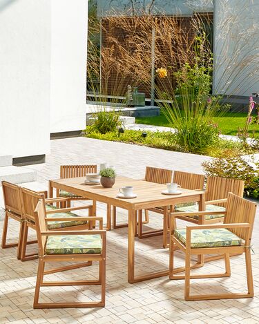 Set of 8 Certified Acacia Wood Garden Dining Chairs with Leaf Pattern Green Cushions SASSARI II