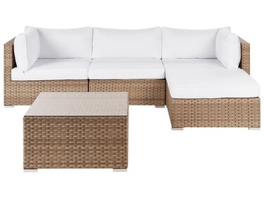 Lounge Set Rattan naturfarben 4-Sitzer linksseitig modular Auflagen weiß SANO II