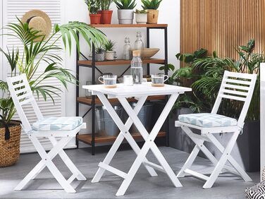 Acacia Wood Garden Bistro Set with Blue Triangles Cushions White FIJI