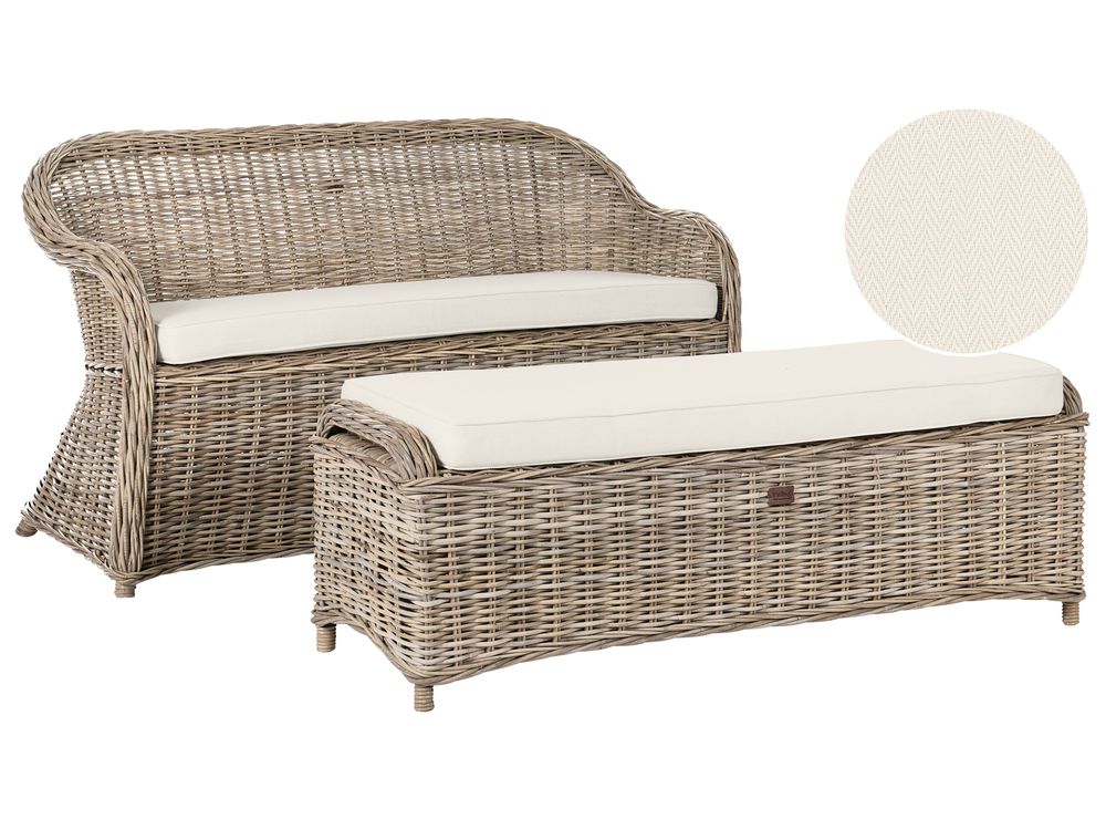 Gartenbank mit Auflage SUSUA 150 cm mit Ottomane Rattan Naturfarben