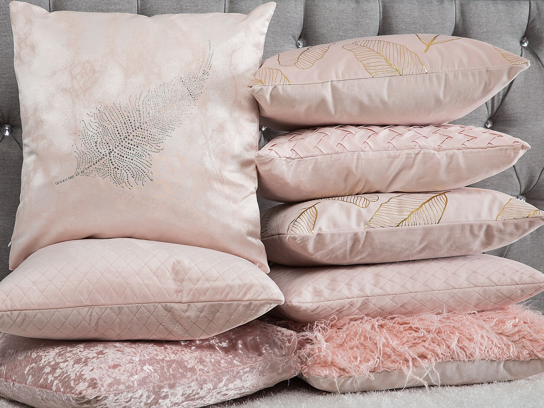 Set of 2 Studded Cushions Feather Motif 45 x 45 cm Pink SILENE_769506