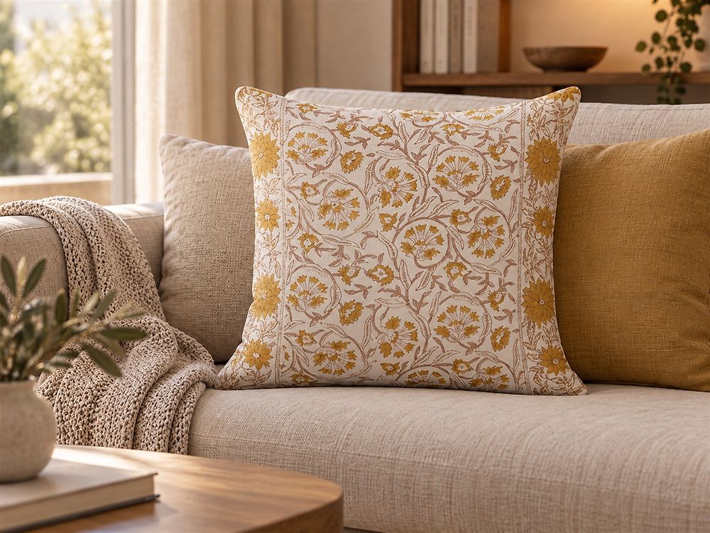 Throw Cushion AMARA 45 x 45 cm Cotton Yellow Floral Pattern