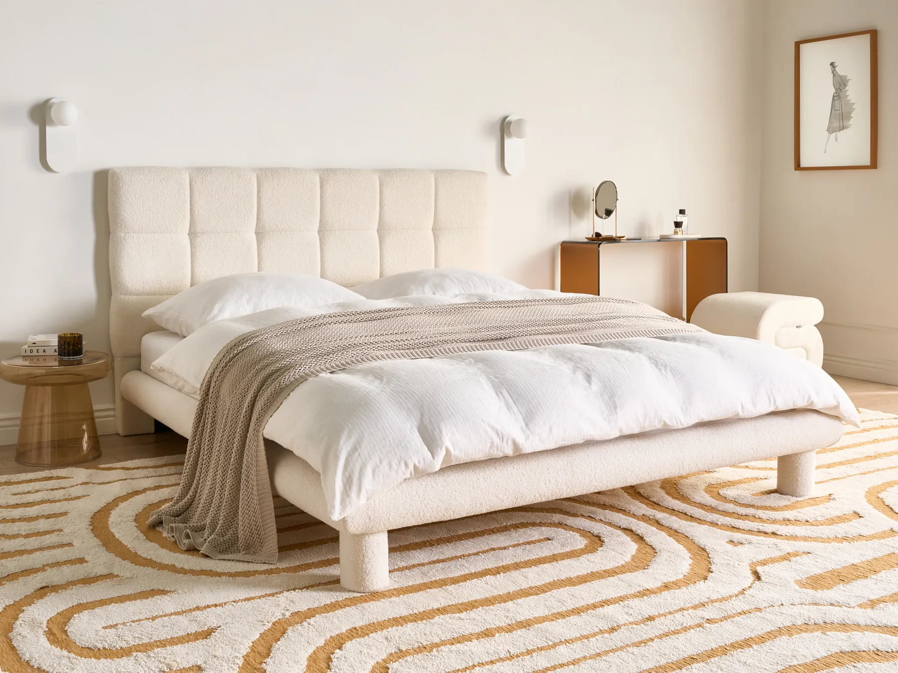 Bed Boucle CRESSAT 160 x 200 cm (EU King Size) Off-White_1009047