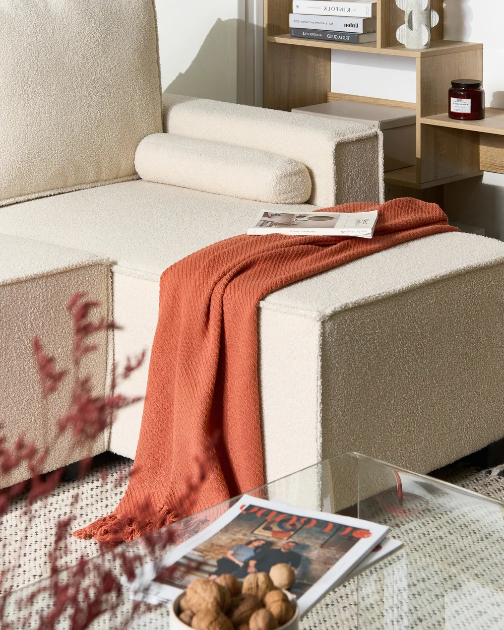 Corner Sofa Bed 3 Seater EDANE with Storage Boucle Off-White Left Hand_1057053