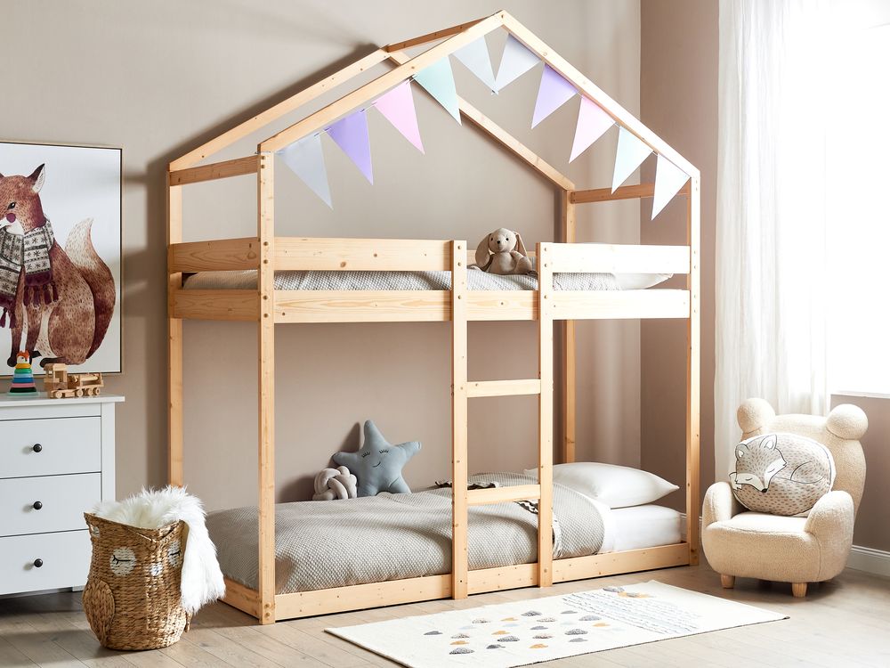 Hochbett Haus Kiefernholz LABATUT 90 x 200 cm Hellbraun