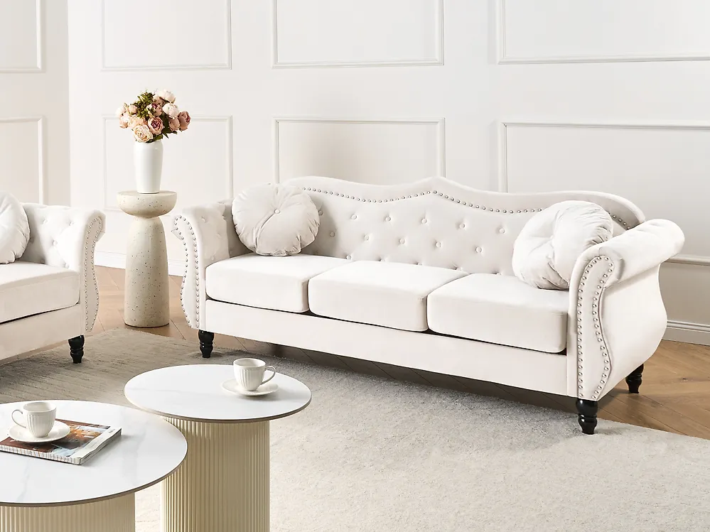 Sofa dla 3 osób SKIEN Welur Jasnobeżowy