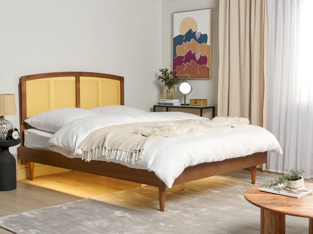 Bed with LED Rattan VARZY 160 x 200 cm (EU King Size) Brown