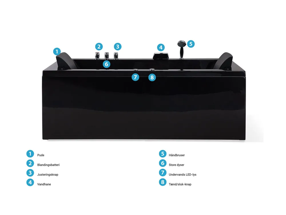 Hjørne-boblebad med LED VARADERO 183 x 90 cm Sort Venstrevendt_787095