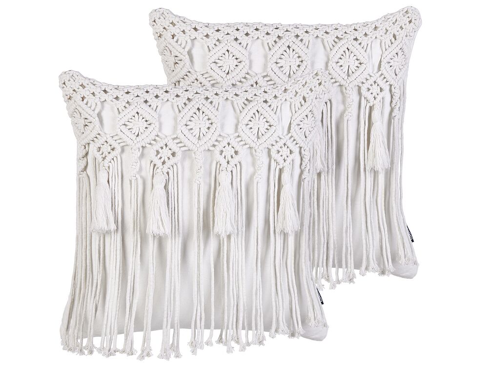Set of 2 Cotton Macrame Cushions with Tassels 45 x 45 cm White BAMIAN Beliani