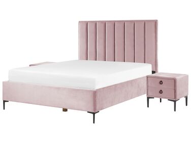 Ensemble de chambre en velours rose avec lit double 160 x 200 cm SEZANNE