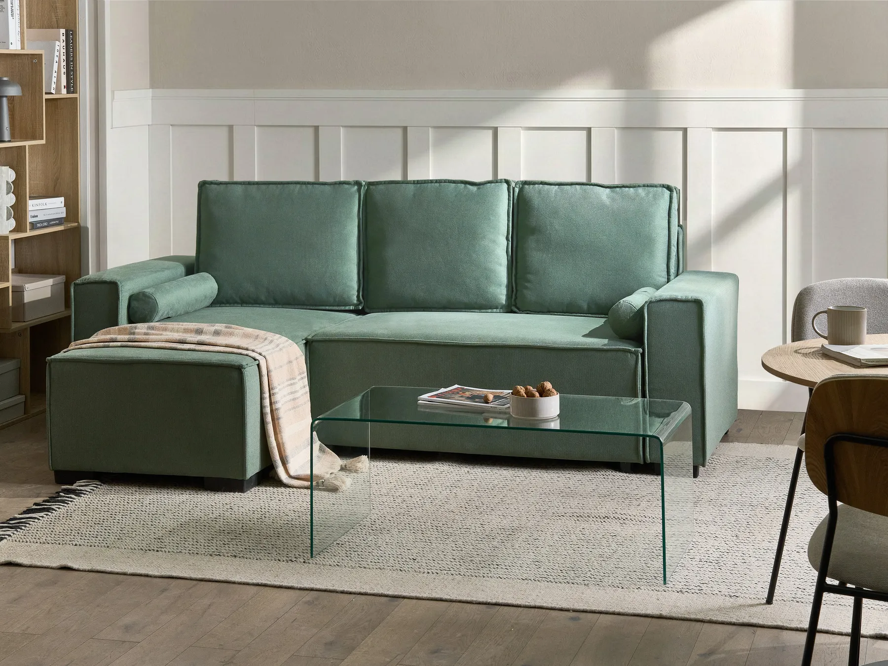 Corner Sofa Bed 3 Seater EDANE with Storage Fabric Light Green Right Hand_1057248