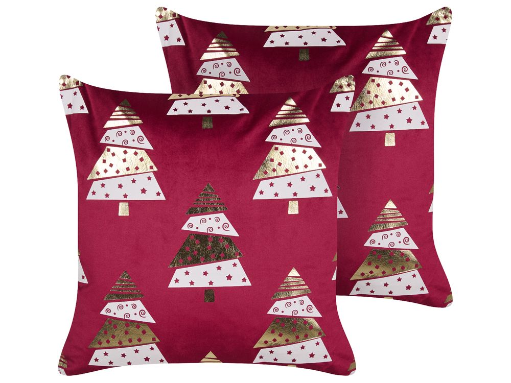 Set of 2 Velvet Cushions Christmas Tree Pattern 45 x 45 cm Red GOLDSPRUCE Beliani.cz
