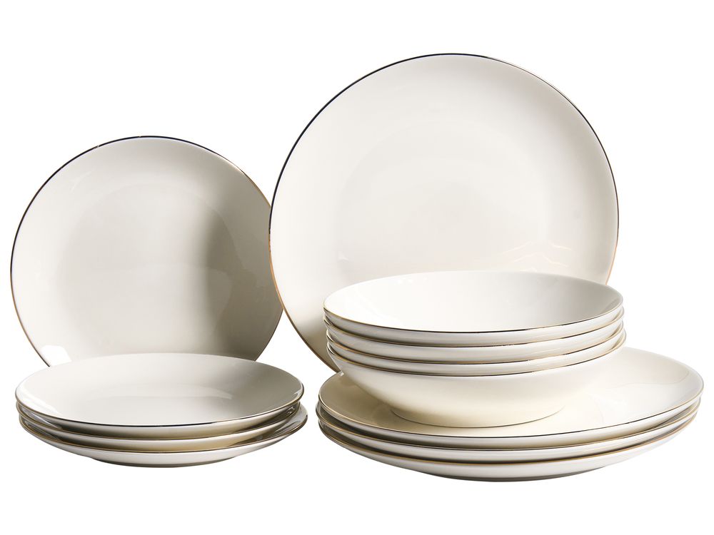 Set de 12 couverts de table CUMIN Porcelaine Blanc cassé/doré