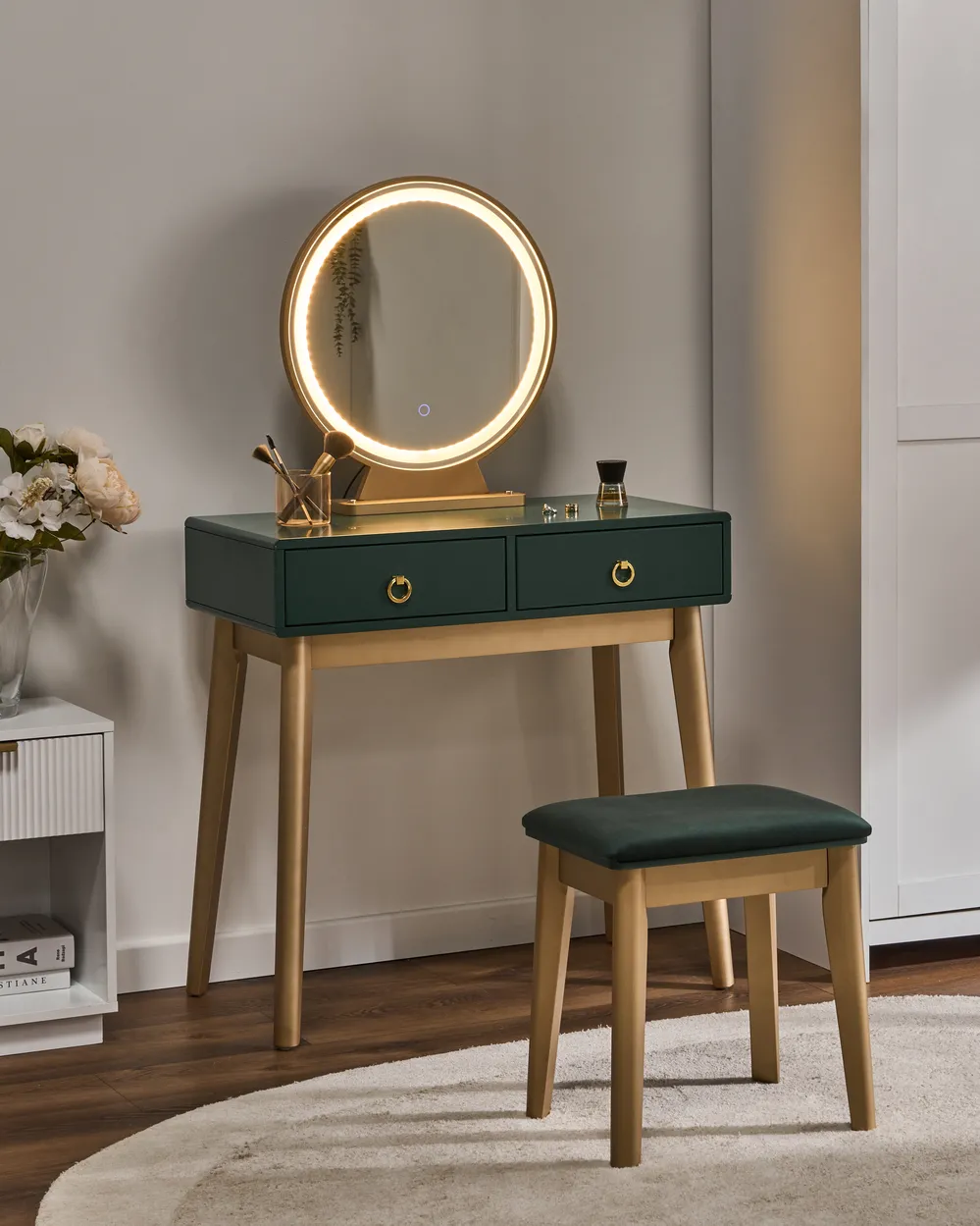Dressing Table with Mirror and Stool FEDRY LED Emerald Green - Beliani.es