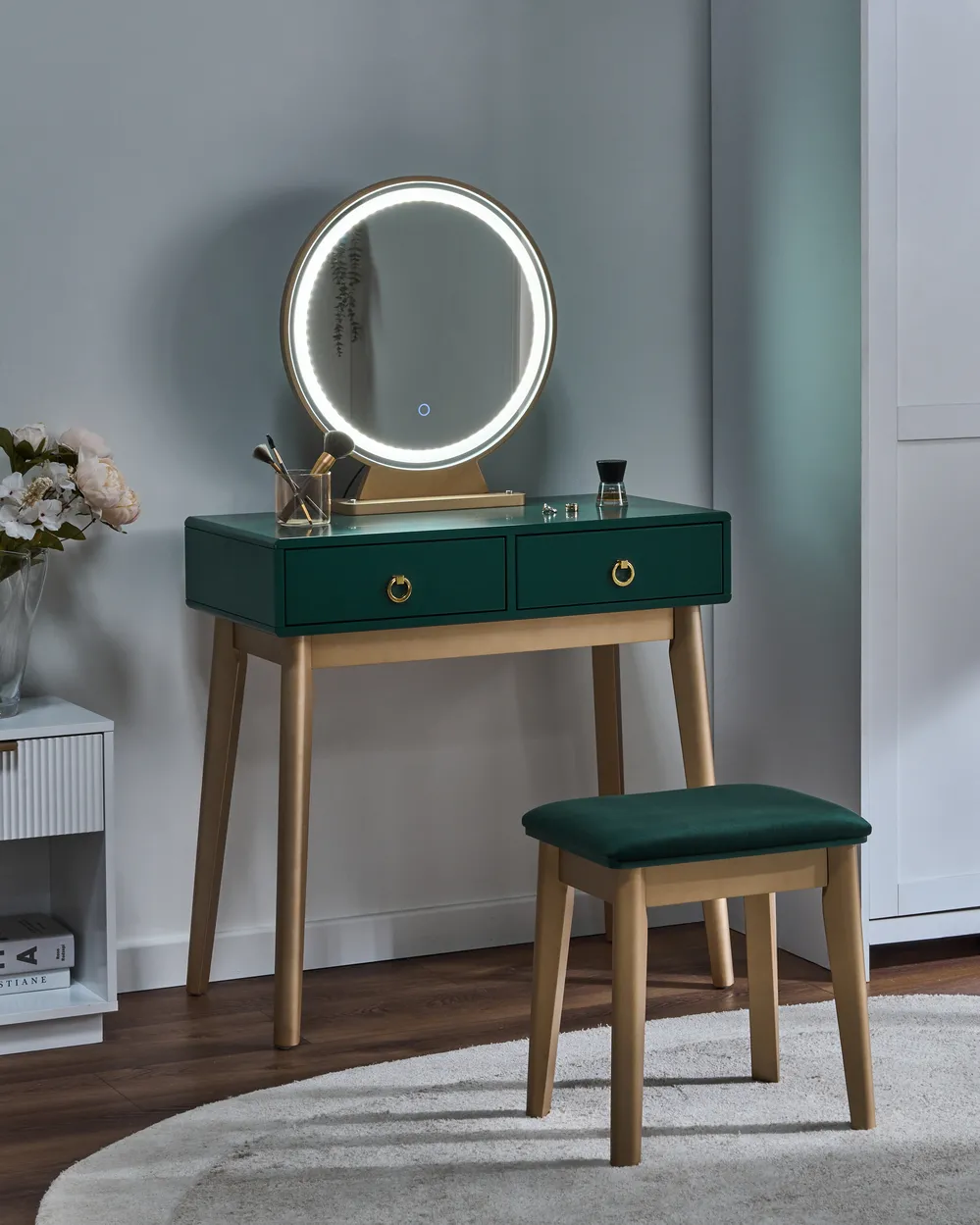 Dressing Table with Mirror and Stool FEDRY LED Emerald Green - Beliani.es Dressing Table with Mirror and Stool FEDRY LED Emerald Green - Beliani.es