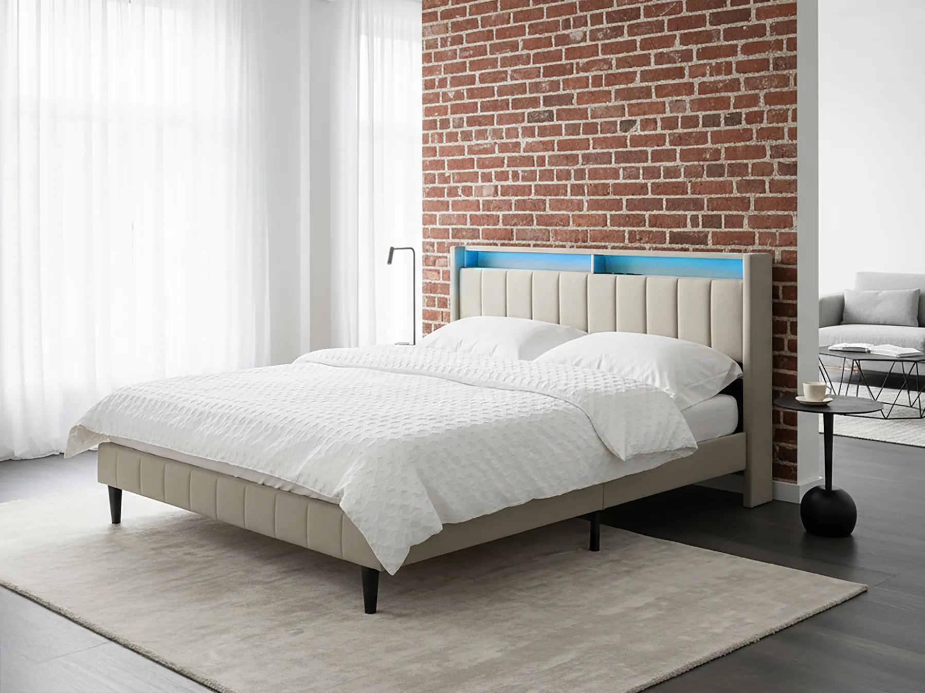 Łóżko LED BEAULIEU Beżowy 160 x 200 cm Z portem USB ze schowkiem_993531