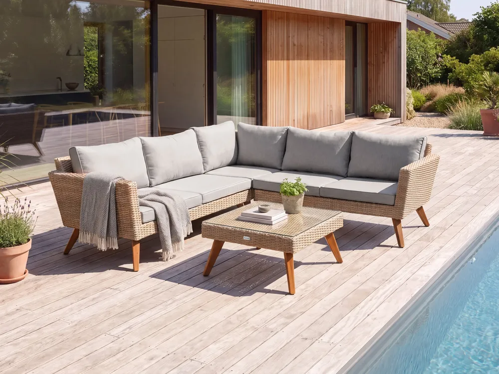 Garden Corner Sofa with Table 6 Seater VITTORIA PE Rattan Grey_1124446