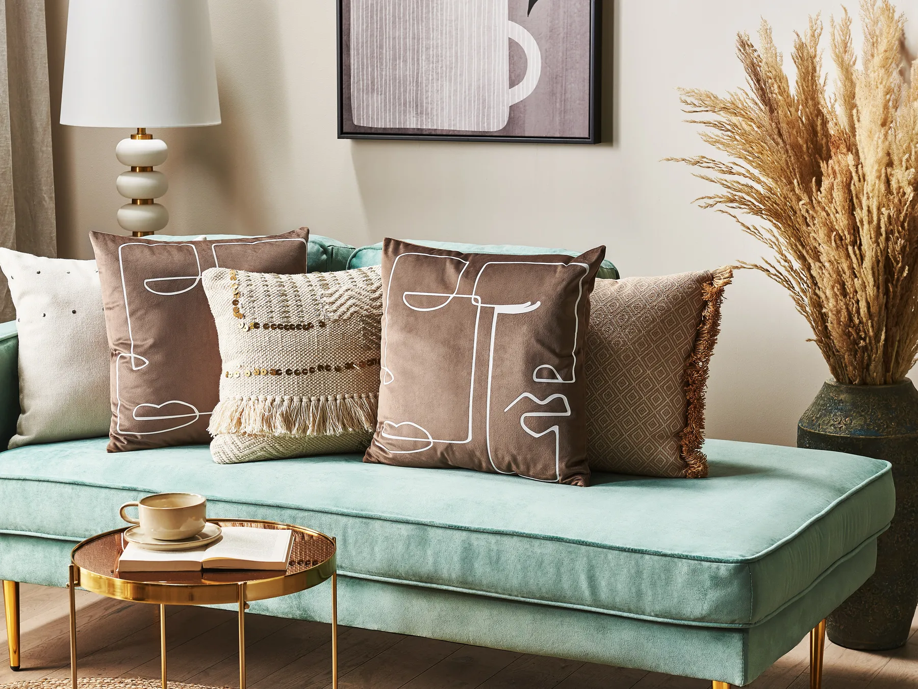 Set of 2 Decorative Cushions PHILODENDRON 45 x 45 cm Velvet Brown Abstract Pattern_830029