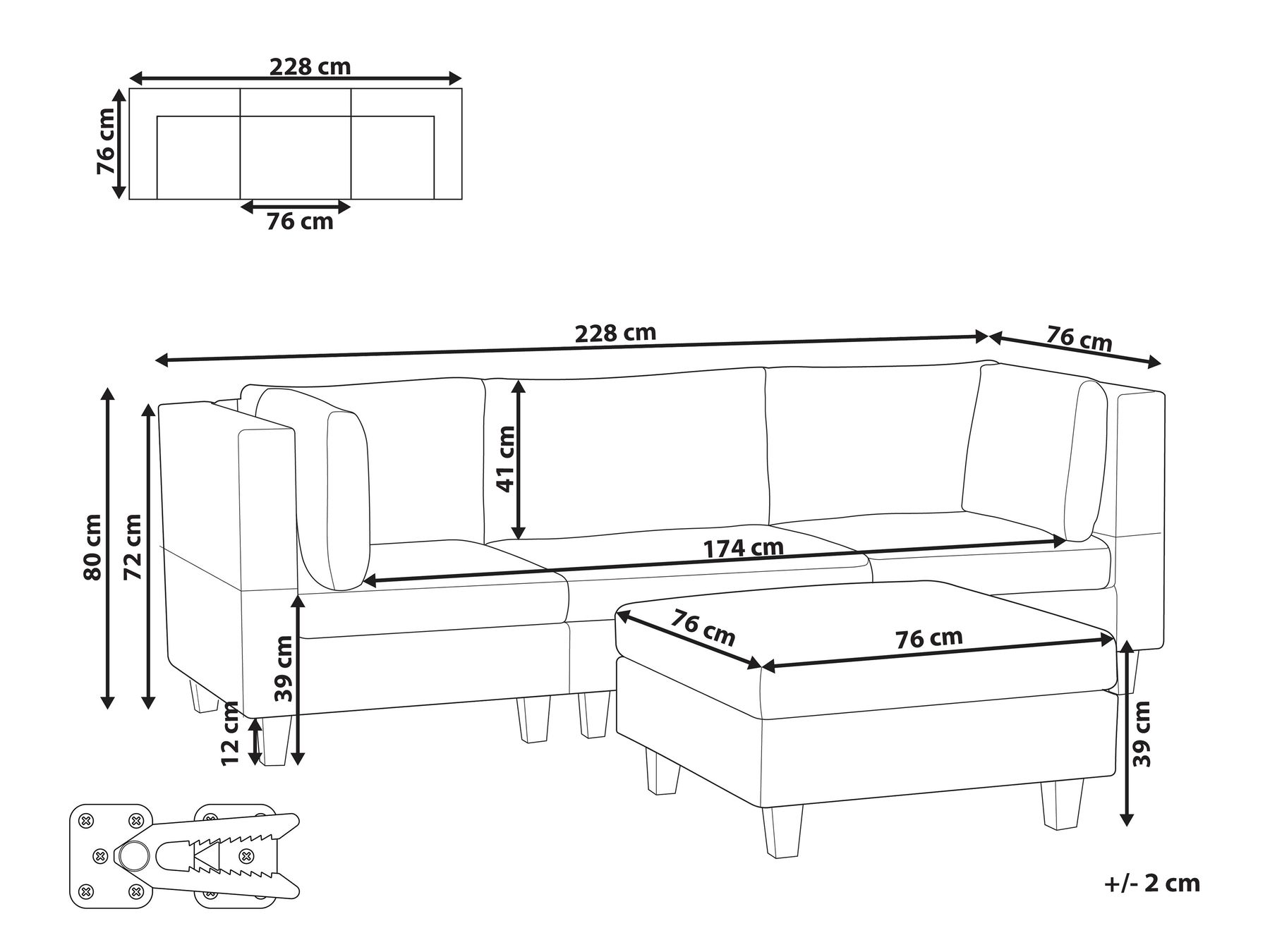 3-Seater Modular Fabric Sofa with Ottoman Blue UNSTAD_936271