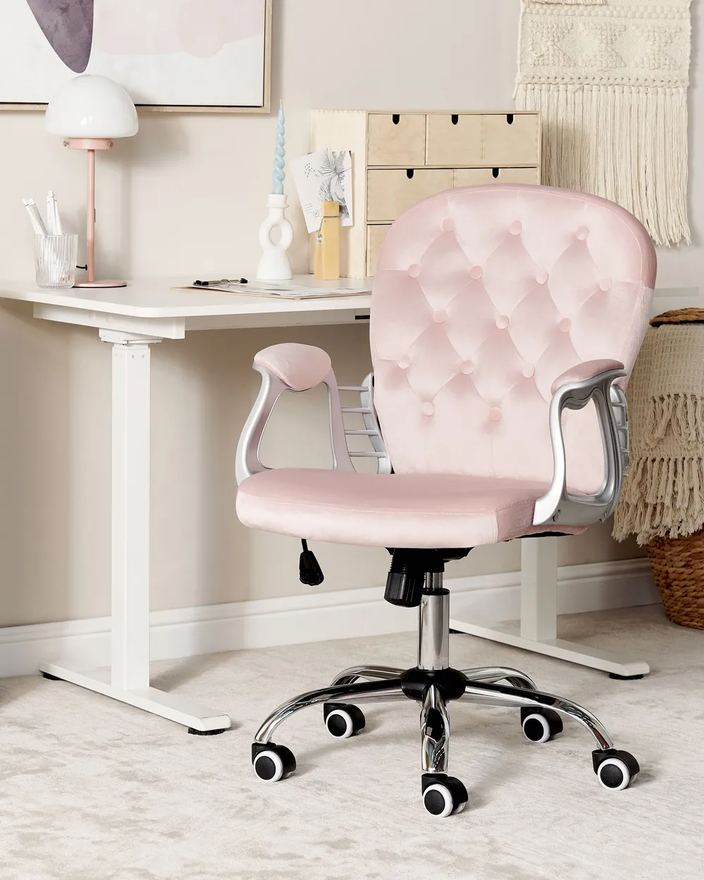 Sedia Da Ufficio Regolabile In Altezza – Rivestita In Sherpa Rosa, Schienale Curvo, Portata 150 Kg, Con Ruote E Base A 5 Stelle In Metallo