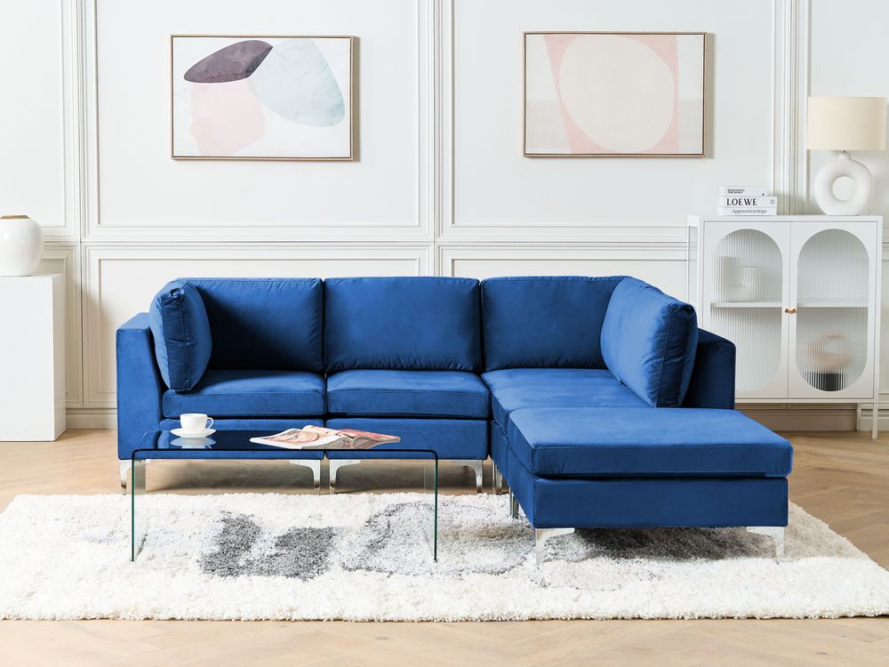 Left Hand 4 Seater Modular Velvet Corner Sofa with Ottoman Blue EVJA Beliani
