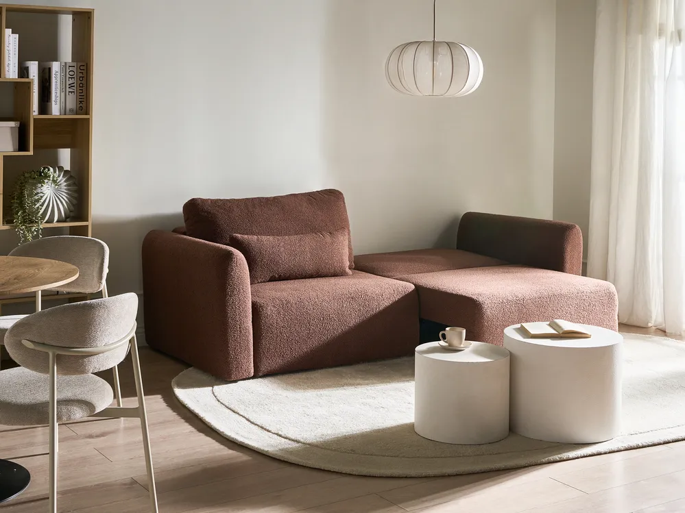 Sofa rozkładana dla 3 osób VAXHOLM ze schowkiem Boucle Brązowy_1026753