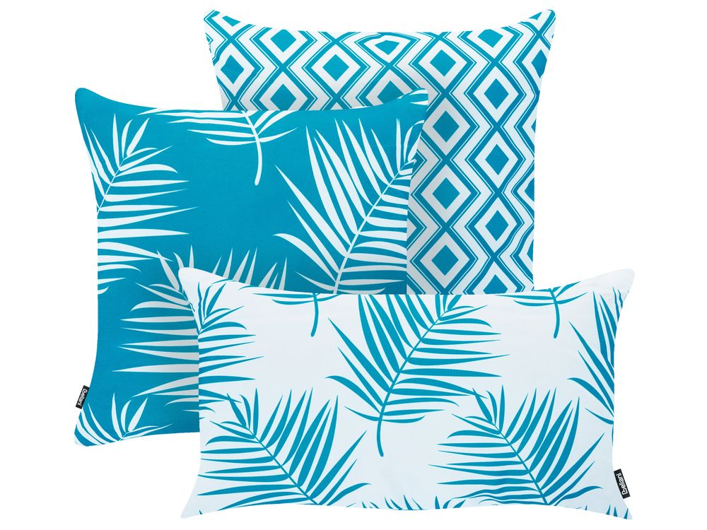 Conjunto de 3 cojines de exterior BIRDWOOD Patrón de plantas 30 x 50 cm 45 x 45 cm Azul