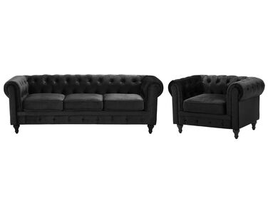 Set di divano e poltrona vintage in tessuto nero CHESTERFIELD